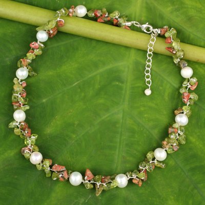 Cultured pearl and peridot beaded choker, 'Luscious Chic' - Hand Knotted Pearl Peridot and Unakite Choker Necklace