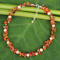 Cultured pearl and carnelian beaded choker, 'Luscious Chic' - Hand Knotted Pearl Carnelian and Tiger's Eye Choker Necklace