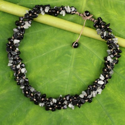 Onyx and tourmalinated quartz beaded necklace, 'Black Glam' - Artisan Crafted Onyx Tourmalinated Quartz Beaded Necklace