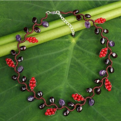 Amethyst and garnet beaded necklace, 'Sweet Red Ivy' - Artisan Crafted Multi-gemstone Necklace