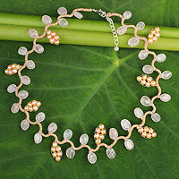 Cultured pearl and rose quartz beaded necklace, 'Sweet Peach Ivy' - Artisan Crafted Pearls and Rose Quartz Necklace