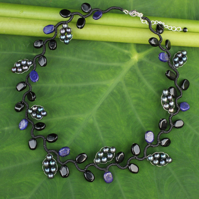 Cultured pearl and onyx beaded necklace, 'Sweet Gray Ivy' - Artisan jewellery Pearl and Gems Necklace