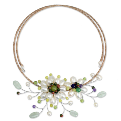 Cultured pearl flower necklace, 'White Sonata' - Handcrafted Pearl and Multi Gems Choker Necklace