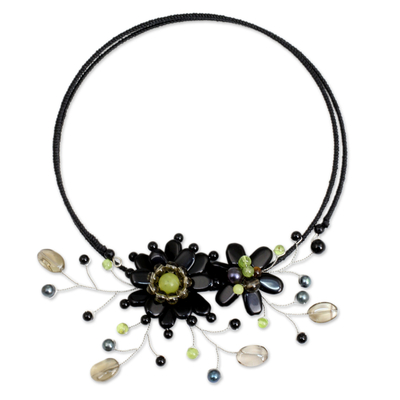 Onyx and cultured pearl flower necklace, 'Black Sonata' - Handcrafted Onyx and Pearl Choker Necklace