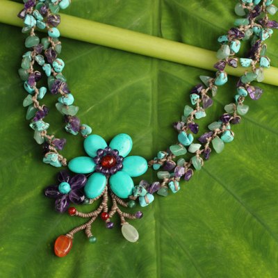Amethyst and carnelian necklace, 'Festive Flowers' - Thai Handcrafted Amethyst and Carnelian Floral Necklace