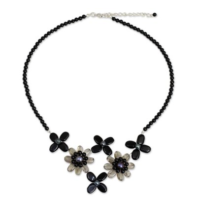 Onyx and cultured pearl flower necklace, 'Quintet' - Gray Pearl Onyx and Smoky Quartz Necklace Flower Jewelry