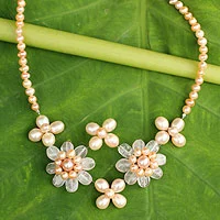 Cultured pearl and rose quartz flower necklace, 'Quintet' - Peach Pearl and Rose Quartz Flower Jewellery Necklace