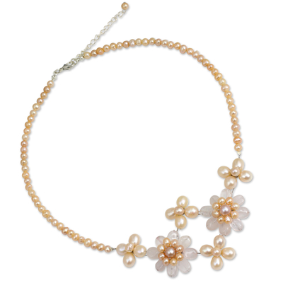 Cultured pearl and rose quartz flower necklace, 'Quintet' - Peach Pearl and Rose Quartz Flower Jewellery Necklace