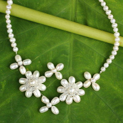 Cultured pearl flower necklace, 'Quintet' - White Pearls and Clear Quartz Flower Necklace