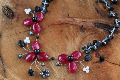 Onyx and cultured pearl flower necklace, 'Blossoming Feast' - Onyx and Pearl Beaded Necklace