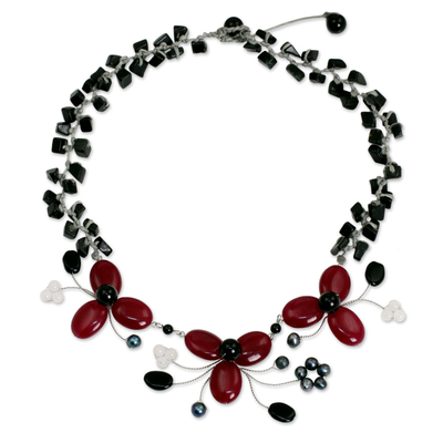 Onyx and cultured pearl flower necklace, 'Blossoming Feast' - Onyx and Pearl Beaded Necklace