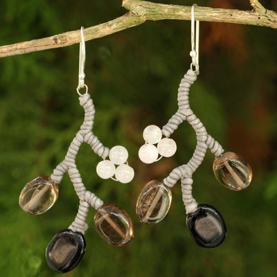 Smoky quartz and onyx beaded earrings, 'Gray Coral' - Handcrafted Smoky Quartz and Onyx Beaded Earrings