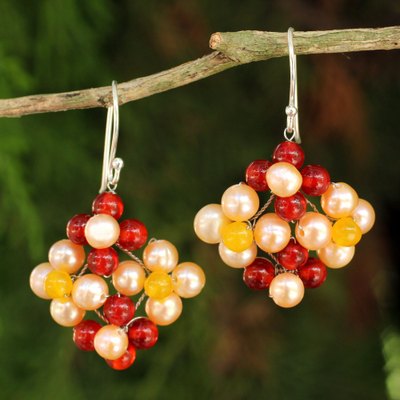 Cultured pearl and carnelian dangle earrings, 'Nosegay' - Hand Made Pearl and Carnelian Dangle Earrings