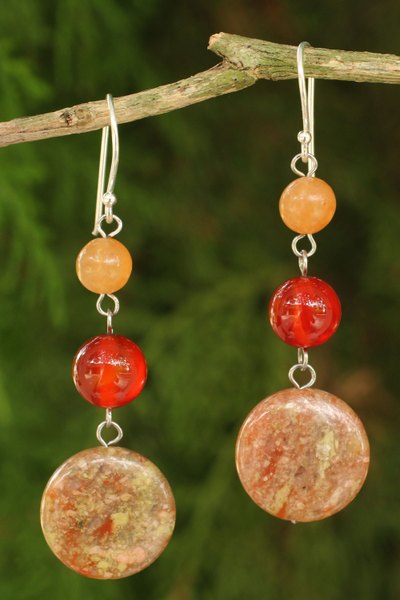Jasper and carnelian dangle earrings, 'Polished Petals' - Unique Thai Jasper and Carnelian Earrings