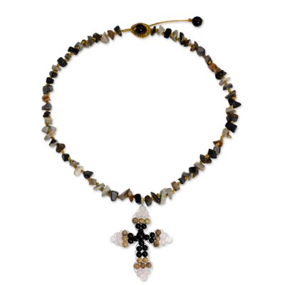 Thai Onyx and Jasper Beaded Cross Necklace