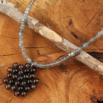 Labradorite and smoky quartz pendant necklace, 'Dusk Garden' - Handmade Thai Labradorite and Onyx Beaded Pendant Necklace