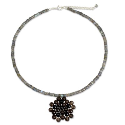 Labradorite and smoky quartz pendant necklace, 'Dusk Garden' - Handmade Thai Labradorite Beaded Pendant Necklace