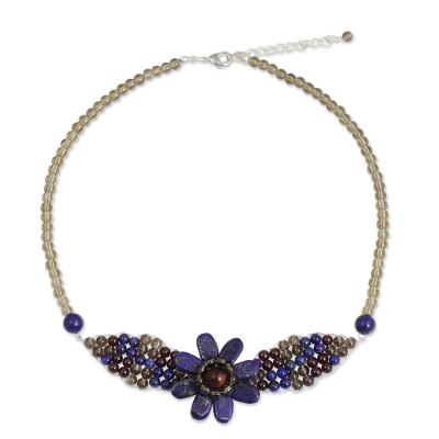 Lapis lazuli and garnet pendant necklace, 'Floral Solitaire' - Beaded Garnet and Lapis Lazuli Flower Necklace