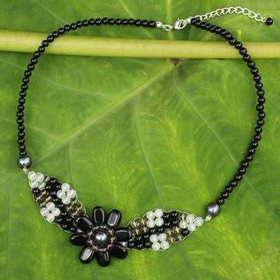 Quartz and cultured pearl beaded pendant necklace, 'Floral Solitaire' - Beaded Onyx and Quartz Flower Necklace