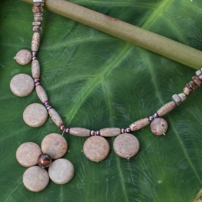 Jasper and cultured pearl pendant necklace, 'Polished Petals' - Unique Thai Pearl and Jasper Necklace
