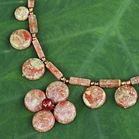 Jasper and unakite pendant necklace, 'Polished Petals' - Unique Thai Pearl and Jasper Necklace with Unakite
