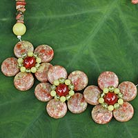 Peridot and jasper flower necklace, 'Blossom Trio' - Hand Made Thai Gemstone Flower Necklace
