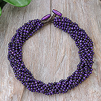 Wood torsade necklace, 'Nan Belle' - Purple Torsade Necklace Wood Beaded Jewelry