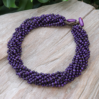 Wood torsade necklace, 'Nan Belle' - Purple Torsade Necklace Wood Beaded Jewellery