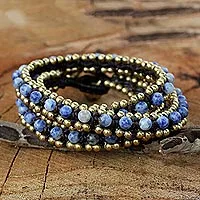 Sodalite wrap bracelet, 'Happiness and Joy' - Blue Sodalite and Brass Beaded Wrap Bracelet from Thailand