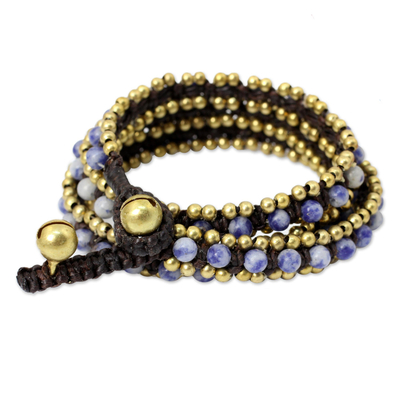 Sodalite wrap bracelet, 'Happiness and Joy' - Hand Knotted Thai Sodalite Bracelet with Brass Beads