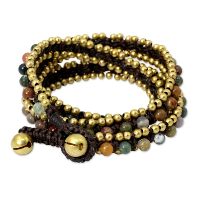 Agate wrap bracelet, 'Happiness and Joy' - Hand Knotted Thai Agate Bracelet with Brass Beads