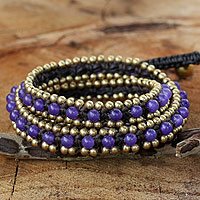Quartz wrap bracelet, 'Violet Happiness' - Hand Knotted Thai Purple Quartz Bracelet with Brass Beads