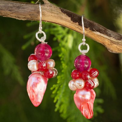Cultured pearl cluster earrings, 'Rose Glow' - Handcrafted Pink Biwa Pearl and Red Quartz Earrings