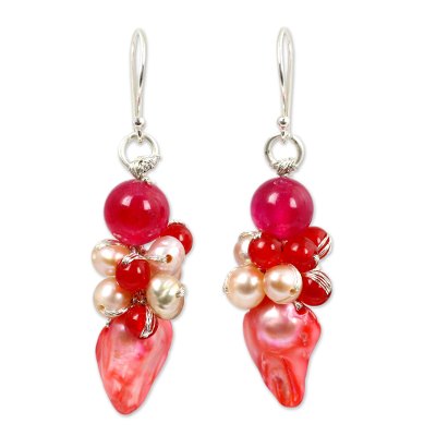 Cultured pearl cluster earrings, 'Rose Glow' - Handcrafted Pink Biwa Pearl and Red Quartz Earrings