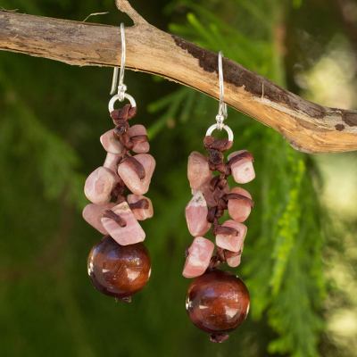 Tiger's eye and rhodochrosite beaded earrings, 'Rose Glam' - Fair Trade Handcrafted Gemstone Beaded Earrings
