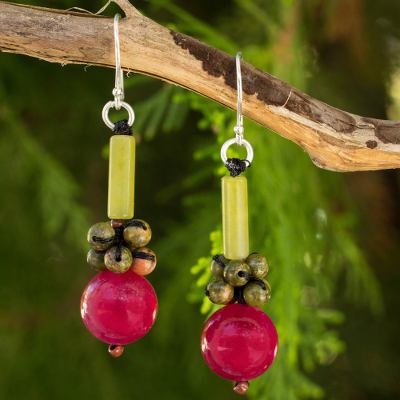 Quartz dangle earrings, 'Scenic Color' - Thai Handmade Unakite and Serpentine Beaded Earrings