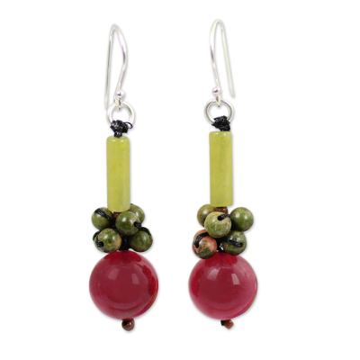 Quartz dangle earrings, 'Scenic Color' - Thai Handmade Unakite and Serpentine Beaded Earrings