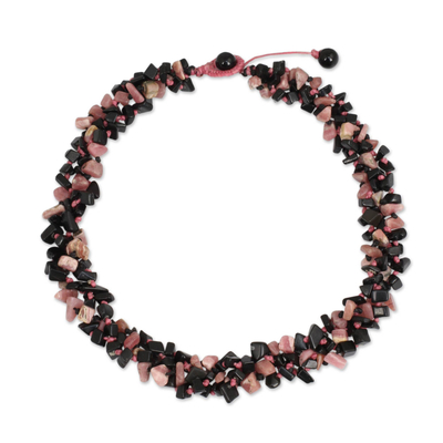 Onyx and rhodochrosite beaded necklace, 'Pink Black Flow' - Fair Trade Handcrafted Onyx Rhodochrosite Beaded Necklace