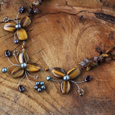 Cultured pearl and tiger's eye flower necklace, 'Golden Feast' - Handmade Thai Pearl and Tiger's Eye Necklace