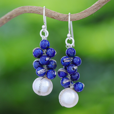 Lapis lazuli and cultured pearl cluster earrings, Blue Sonata