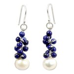 Lapis lazuli and cultured pearl cluster earrings, 'Blue Sonata' - Handmade Cultured Pearl and Lapis Lazuli Cluster Earrings