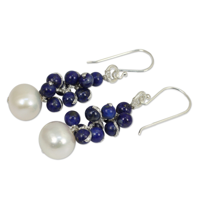 Pendientes en racimo de lapislázuli y perlas cultivadas - Pendientes en racimo hechos a mano de perlas cultivadas y lapislázuli