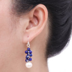 Lapis lazuli and cultured pearl cluster earrings, 'Blue Sonata' - Handmade Cultured Pearl and Lapis Lazuli Cluster Earrings