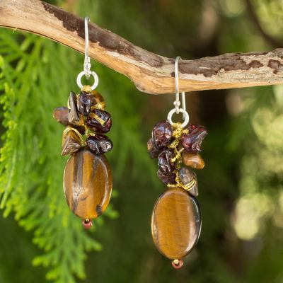 Tiger's eye and garnet cluster earrings, 'Golden Feast' - Handmade Thai Tiger's Eye and Garnet Cluster Earrings