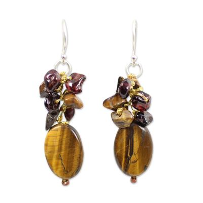 Tiger's eye and garnet cluster earrings, 'Golden Feast' - Handmade Thai Tiger's Eye and Garnet Cluster Earrings
