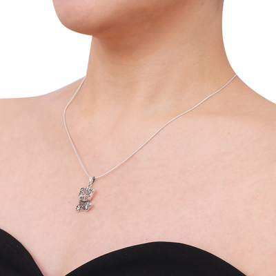 Sterling silver pendant necklace, 'Filigree Kitten' - Thai Filigree Sterling Silver Necklace