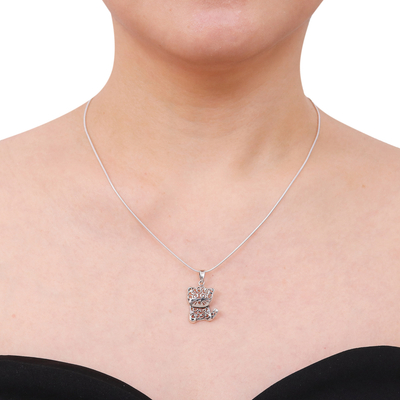 Sterling silver pendant necklace, 'Filigree Kitten' - Thai Filigree Sterling Silver Necklace