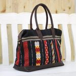 Leather accent cotton handbag, 'Naga Midnight' - Leather Accent Tribal Cotton Shoulder Bag