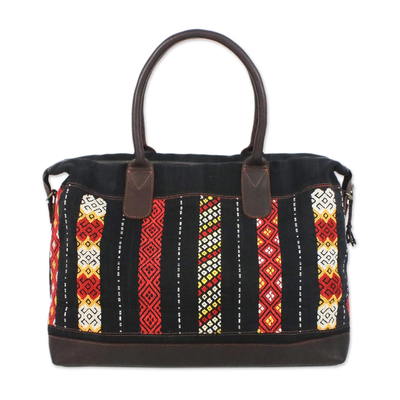 Leather accent cotton handbag, 'Naga Midnight' - Leather Accent Tribal Cotton Shoulder Bag