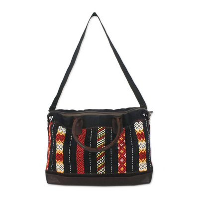 Bolso de mano de algodón con detalles de cuero - Bolso de hombro de algodón tribal con detalle de cuero